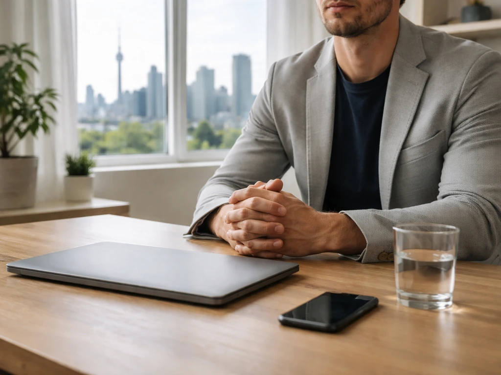 Anonymous mortgage professional in a Toronto home office with skyline view through a window.