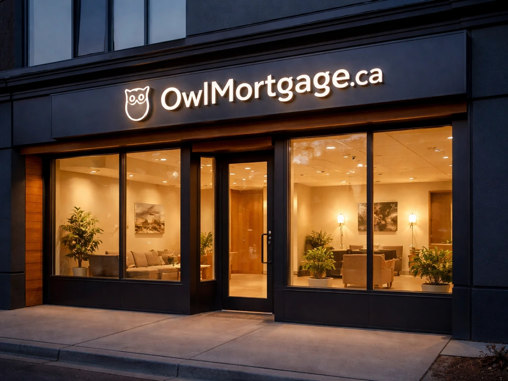 Exterior view of a modern office with an OwlMortgage.ca-style sign and warm evening lighting.