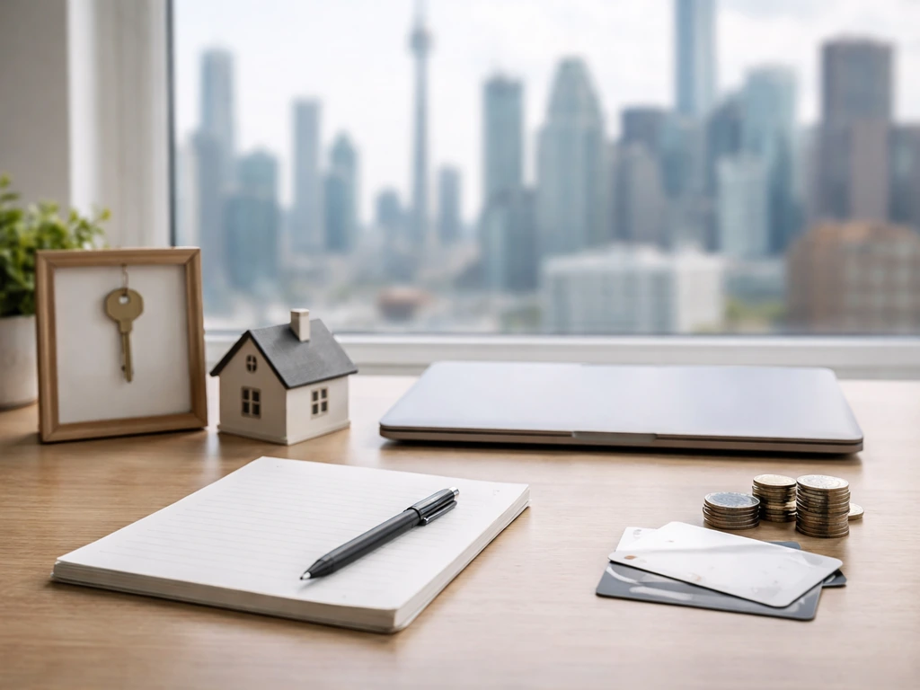 Minimal finance office desk with key, house model, laptop, and coins suggesting asset categories.