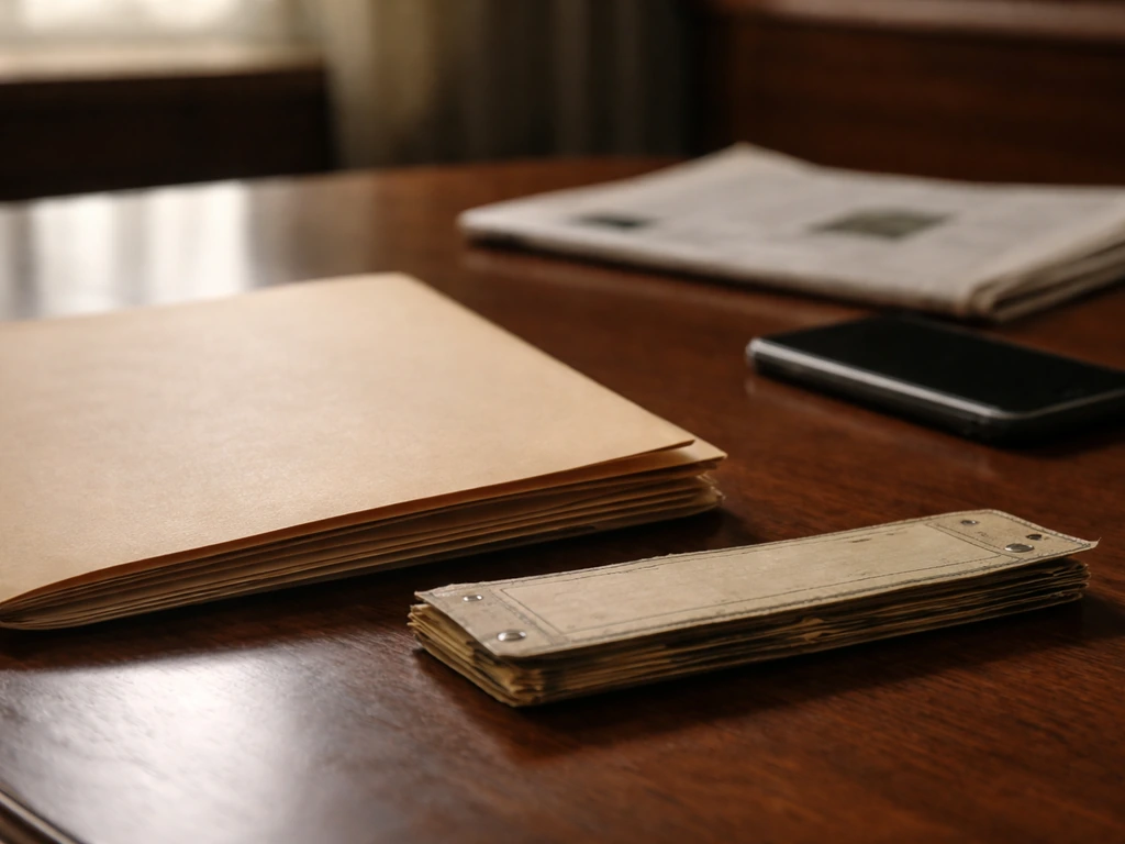 Out-of-focus legal files on a desk beside muted media items, suggesting scandal coverage without any person.