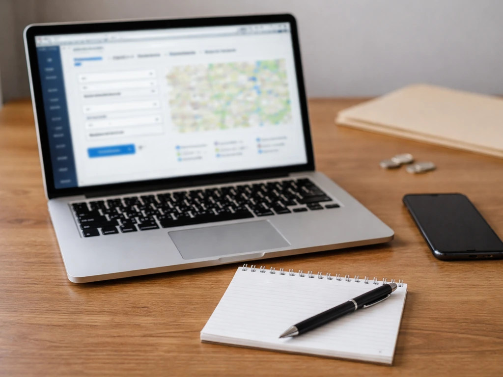 Closeup of laptop public-records search layout with phone and blank notepad on a sunlit desk.