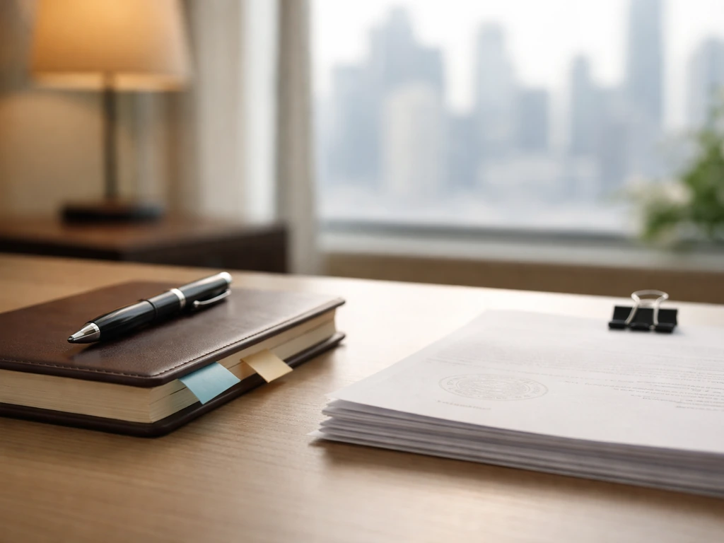 Minimal office desk scene with notebook, papers, pen, and subtle milestone tabs suggesting a financial timeline.