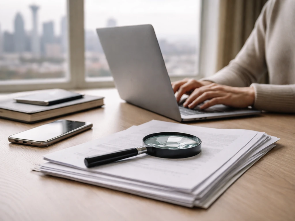 Hands reviewing documents with a magnifying glass beside laptop and phone, with blurred city skyline.