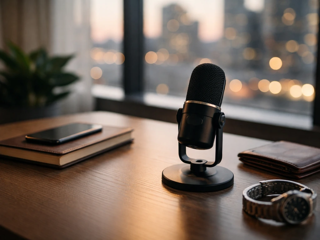 Minimal studio scene with a producer desk, microphone, and a few luxury items suggesting entertainment wealth.
