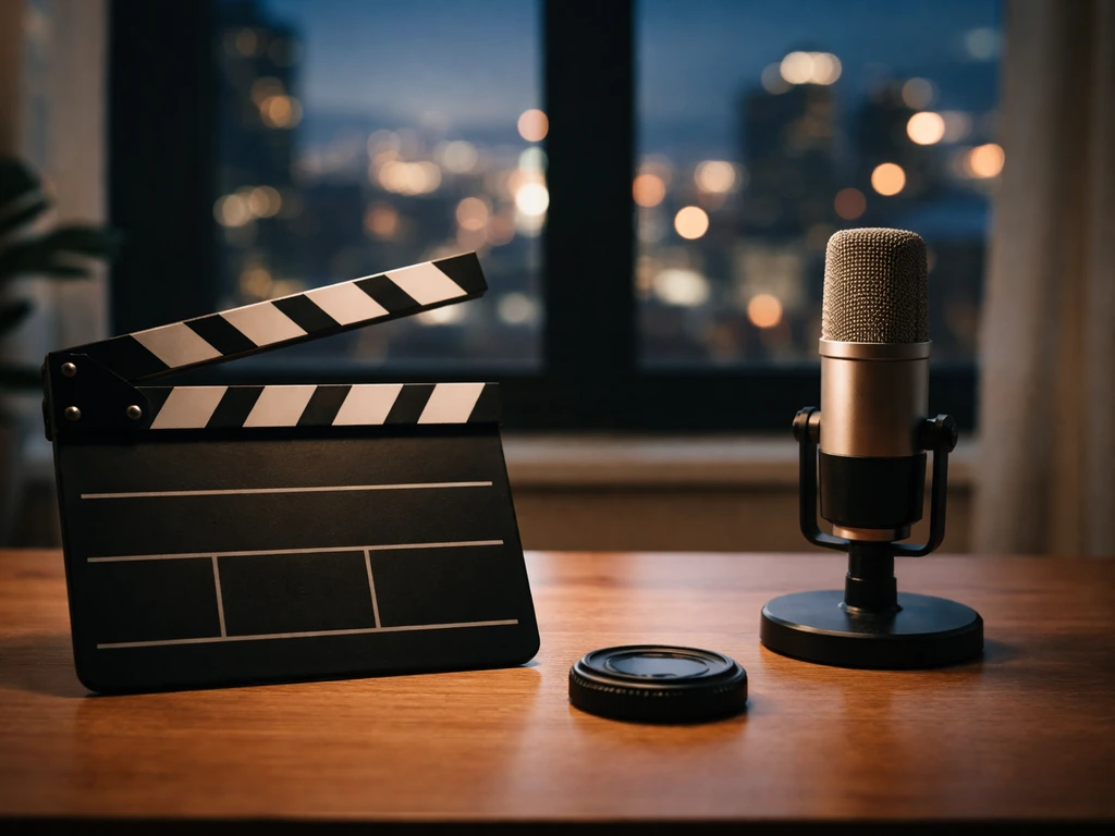 Cinematic studio desk with microphone, film clapperboard, and a city skyline through a window