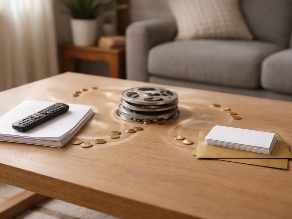 Anonymous actress income streams shown on a desk with script, film reels, business cards, and coins.