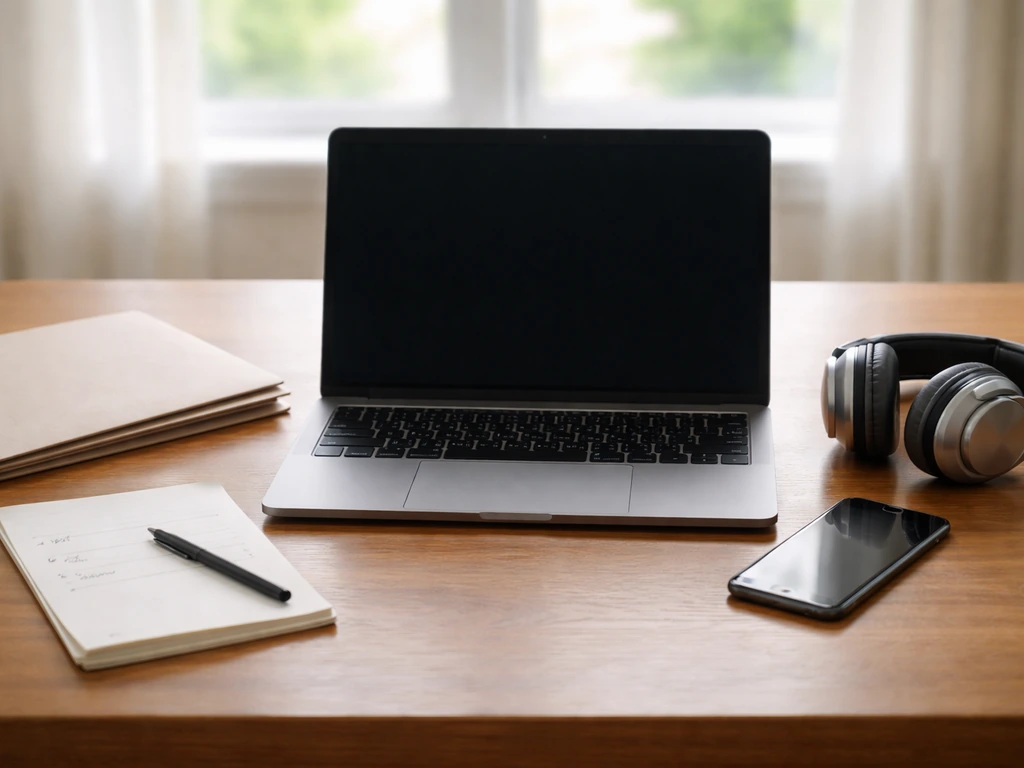 Minimal desk scene with a laptop, smartphone, and notes symbolizing verifying an estimate using media and finance source