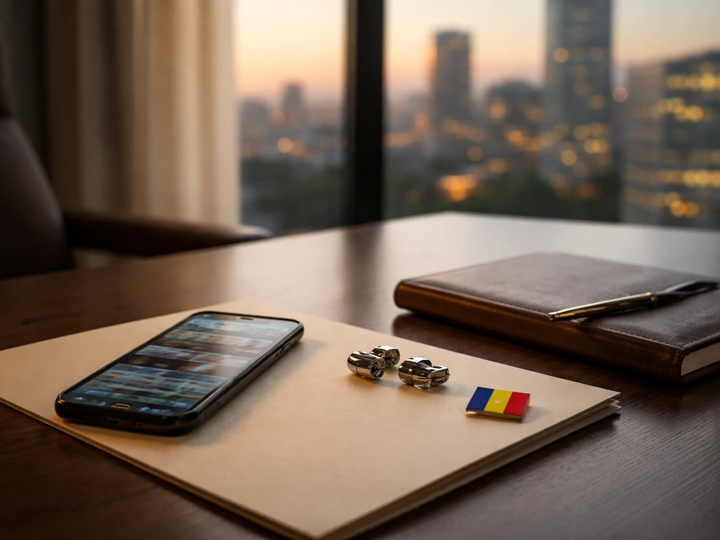 Minimal office desk with blurred phone finance feed and Romanian business atmosphere at dusk.