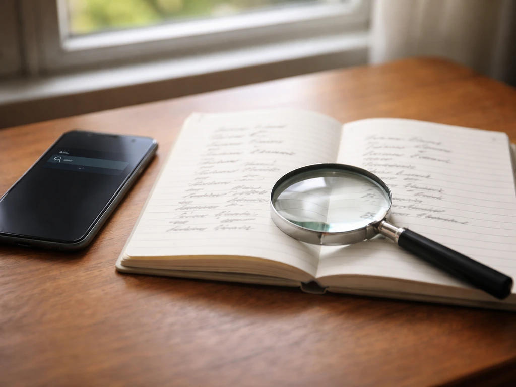 Minimal desk scene with an open notebook and a magnifying glass over a search query prompt, Romanian name-check vibe.