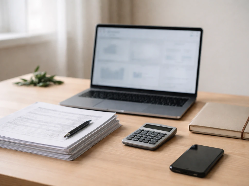 Minimal office desk with blurred finance screen, documents, and calculator representing calculation inputs.