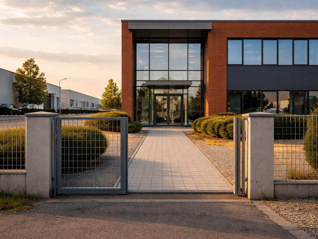 Quiet Romanian company premises exterior with glass entrance and driveway at golden-hour light.