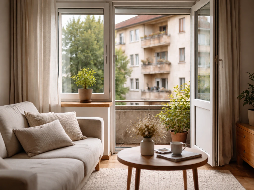 Sunlit Romanian home living room with a view to a residential facade, suggesting real estate assets