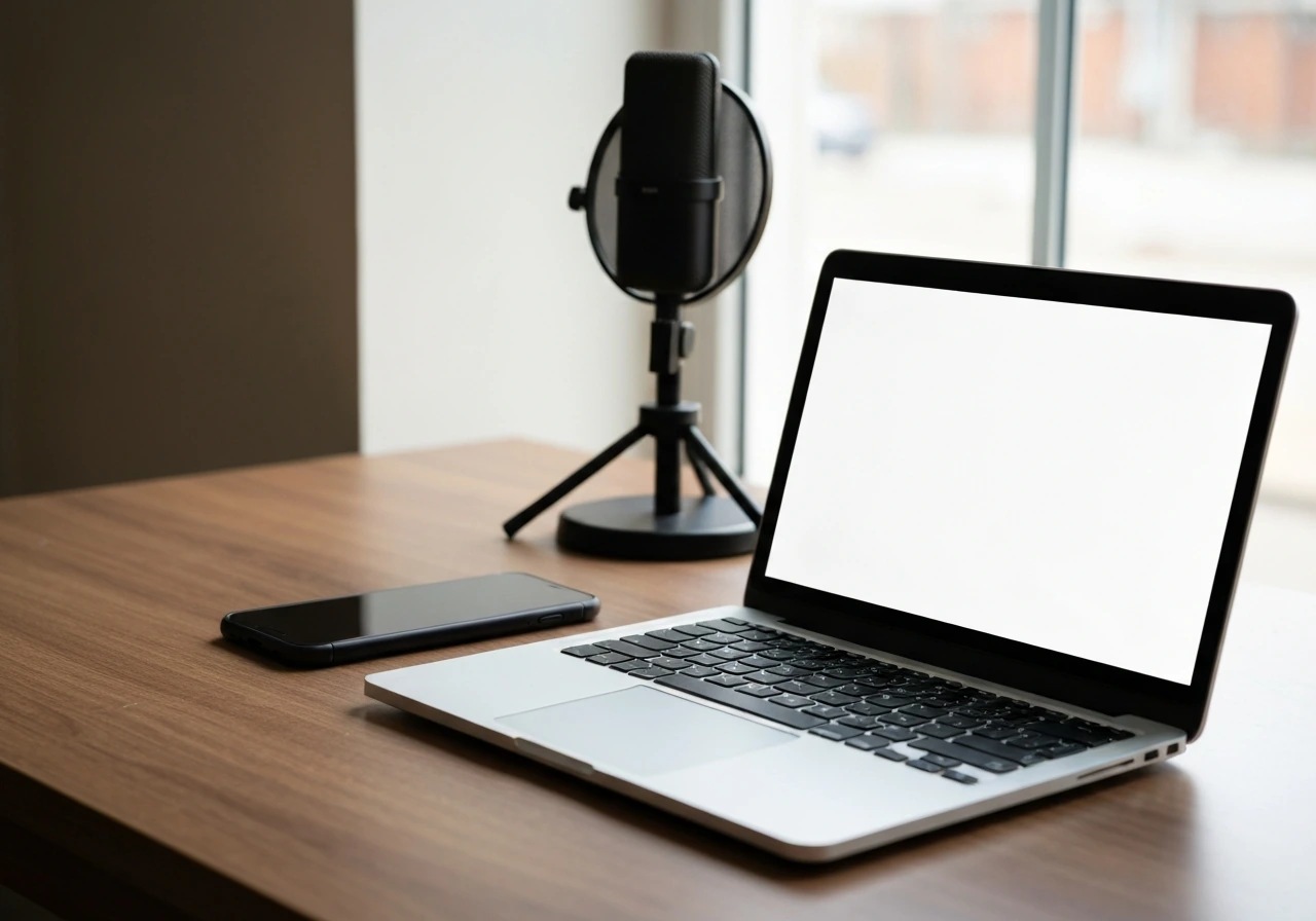 Warm office scene with a laptop, smartphone, and studio microphone, symbolizing mobile finance and media entrepreneurshi