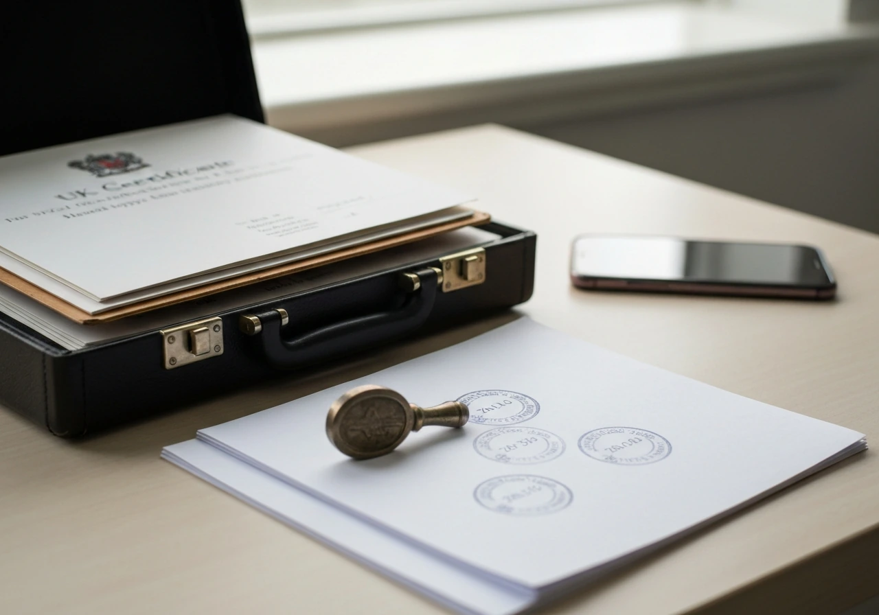 Open briefcase with stamped documents and seal on a desk, suggesting public filings lifecycle.
