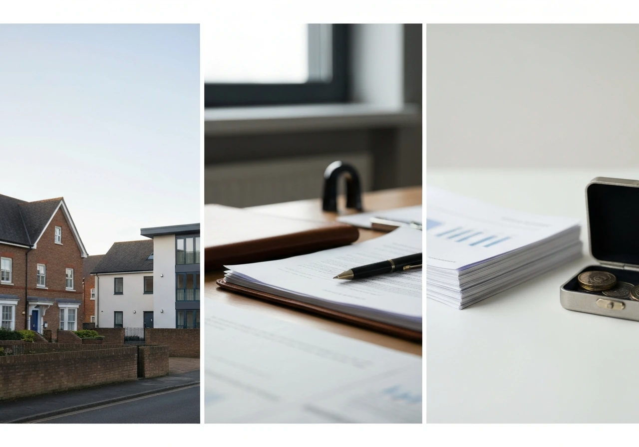Minimal split image showing UK-style property, an office desk with portfolio papers, and business equity symbolism
