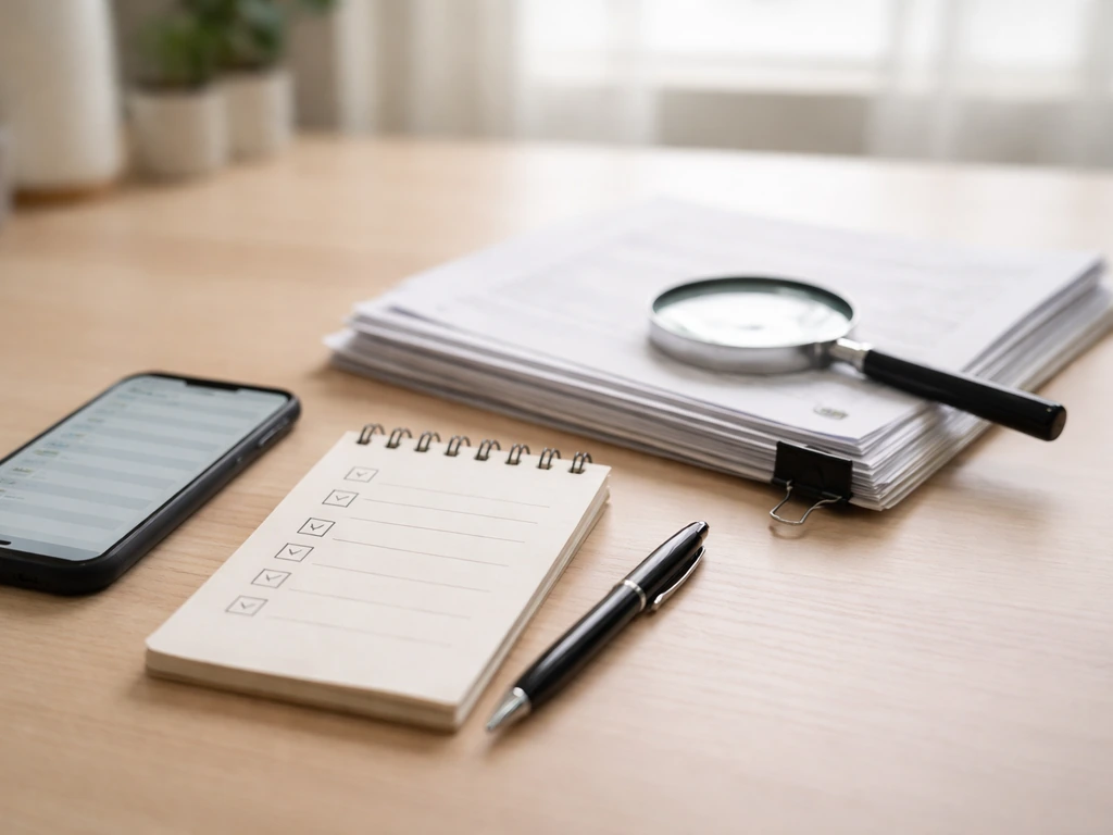 Minimal desk scene with a checklist pad, documents, and a smartphone showing verification folders