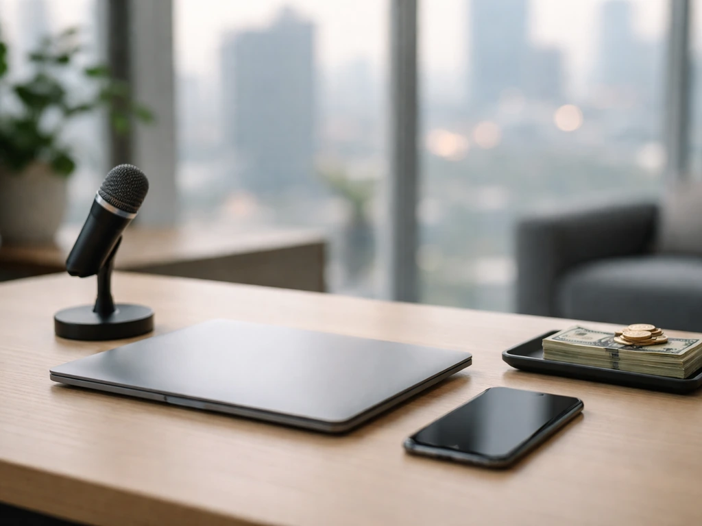 Minimal photo of a tech entrepreneur’s workspace with laptop, smartphone, and a cash-like prop near a window
