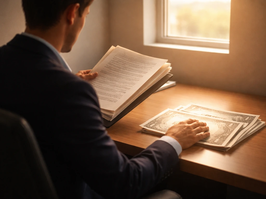 Founder-like figure in a minimalist office with documents and a subtle glowing exchange concept in hand