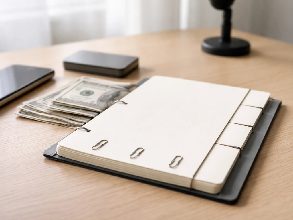 Minimal office desk with open notebook, phone, paper clips, and loose cash suggesting a wealth timeline.