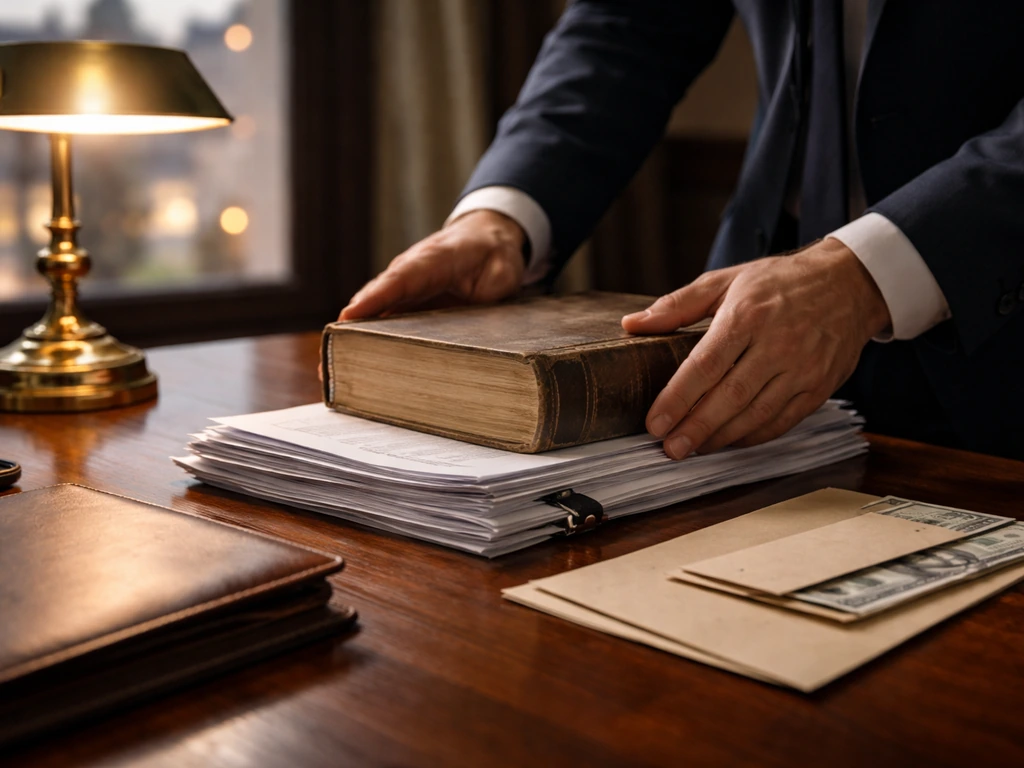 Anonymous hands on a law-themed desk with documents and portfolio, soft courthouse-like lights outside.