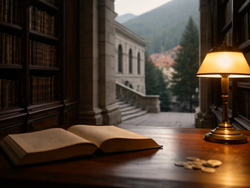 Courthouse exterior with Romanian law library shelves and subtle Brașov-inspired city feel in the background.