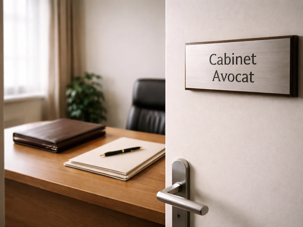 Minimal law office desk with a branded office doorplate reading “Cabinet Avocat” and legal case file items.