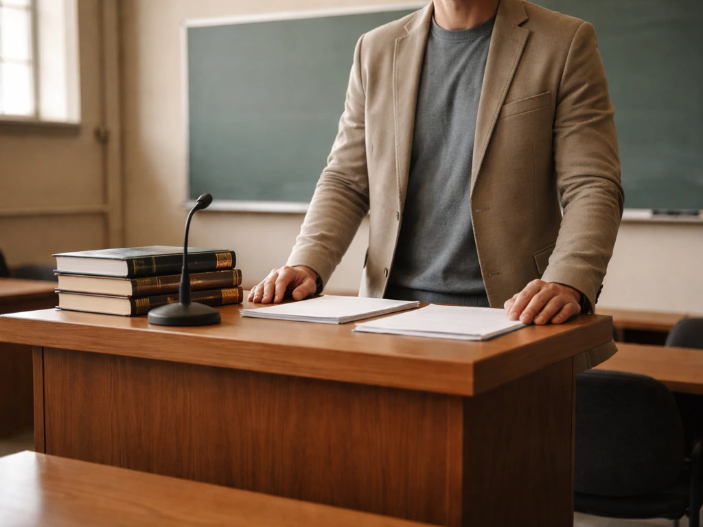 Law lecturer at a lectern in a quiet classroom with law books and course materials