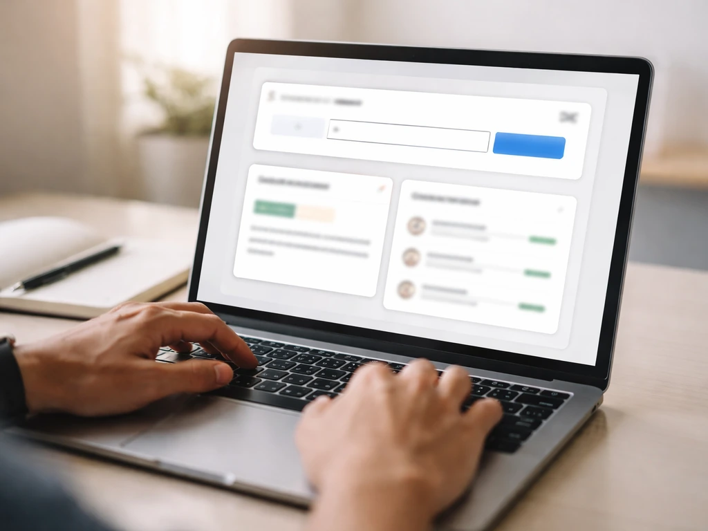 Close-up of hands checking a laptop business registry search workflow with highlighted fields.
