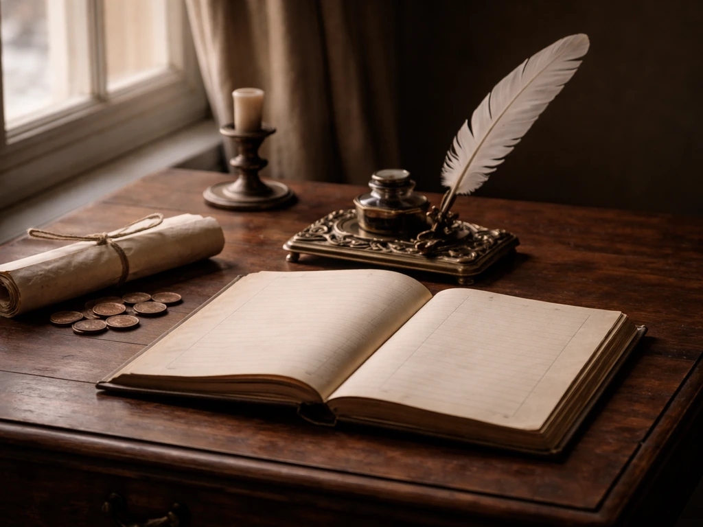A quiet 18th-century desk with an open ledger, quill, parchment, and coins indicating documented wealth records.