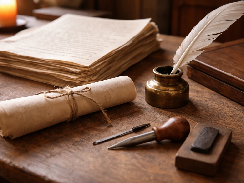 18th-century writer’s desk with manuscript pages, wax seal, and printing/engraving tools suggesting publishing income
