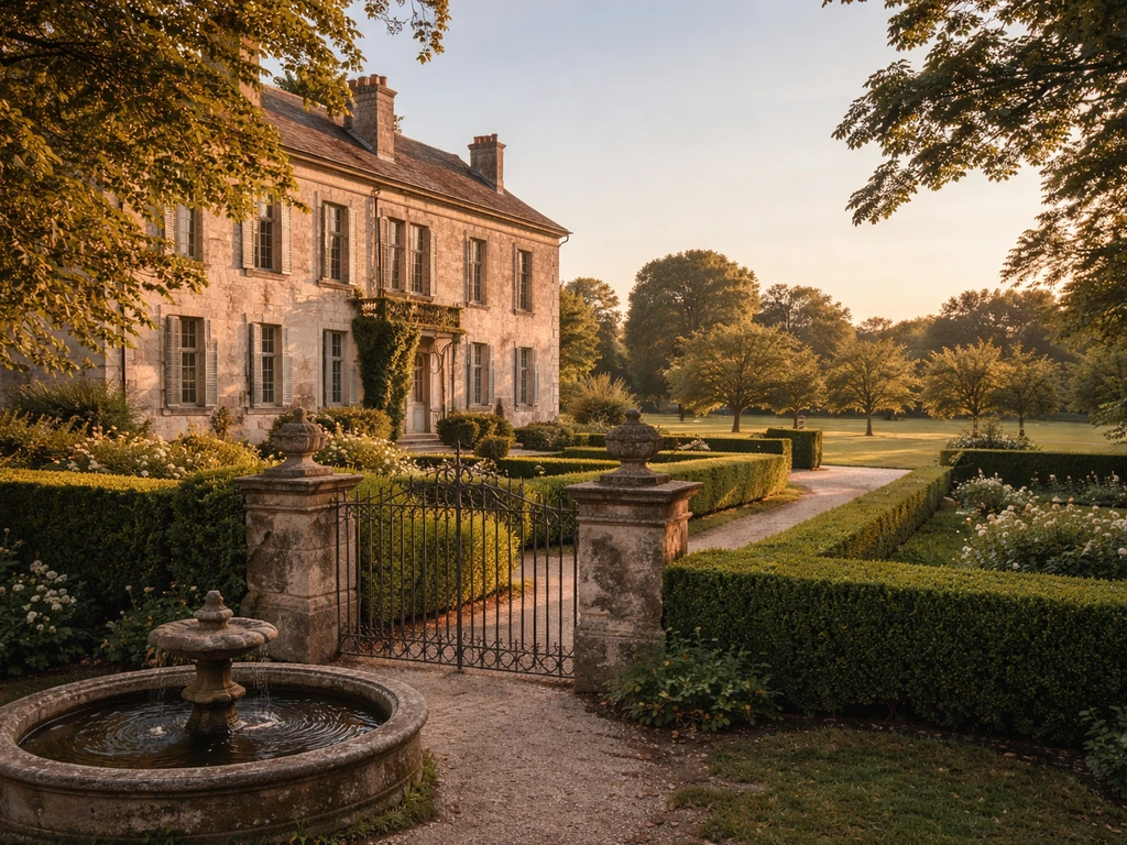 Golden-hour view of an 18th-century European estate with stone manor, hedges, and fountain in the grounds.