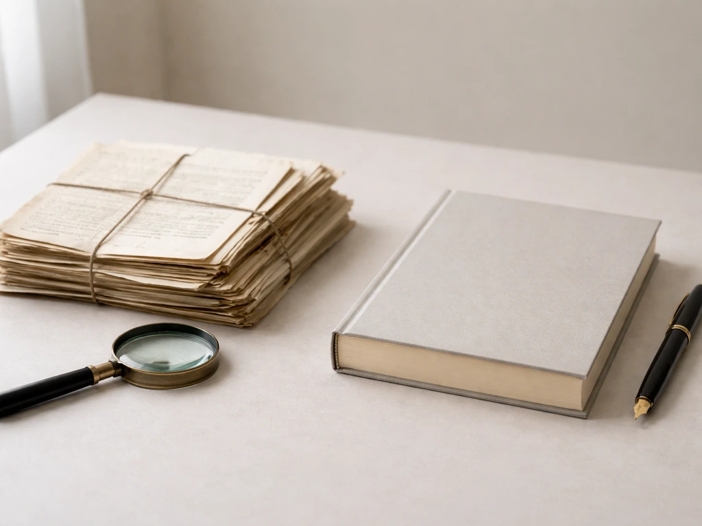 Side-by-side documents and a book on a desk with a magnifying glass for fact-checking sources.