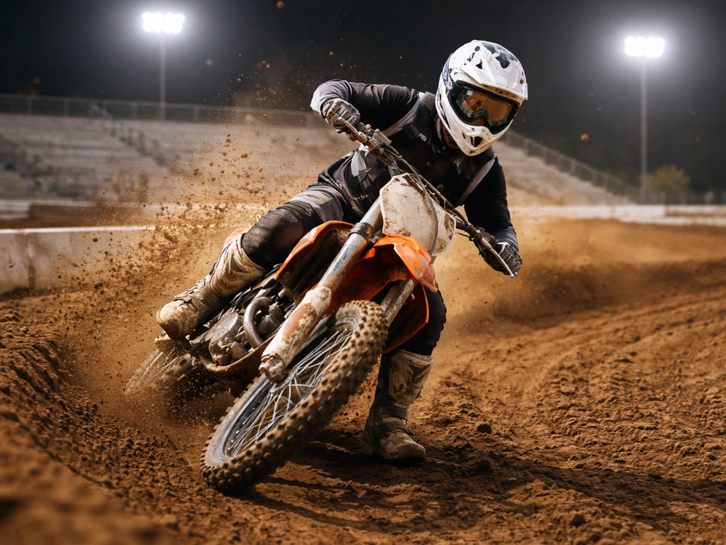 Racing dirt bike rider in motion on a Supercross track under lights, blurred crowd background