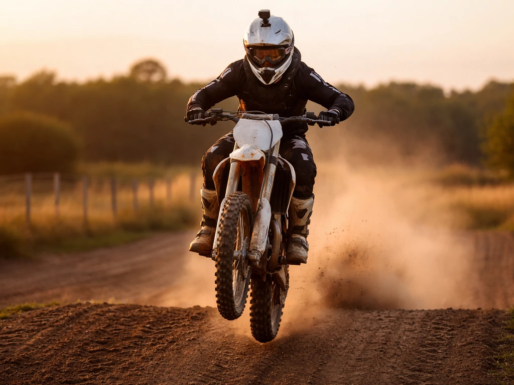 Anonymous motocross rider mid-air on a dirt track in golden-hour light, dust trailing behind.