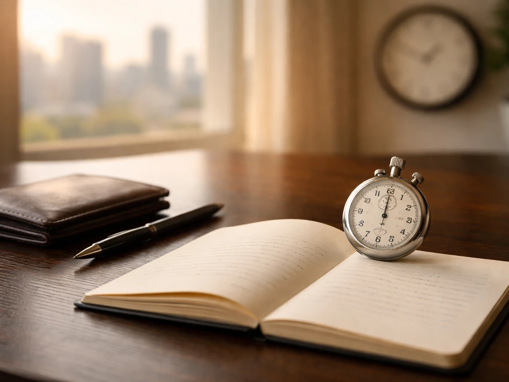 Minimal photo of a desk with a notebook and stopwatch, symbolizing career phases and wealth growth over time
