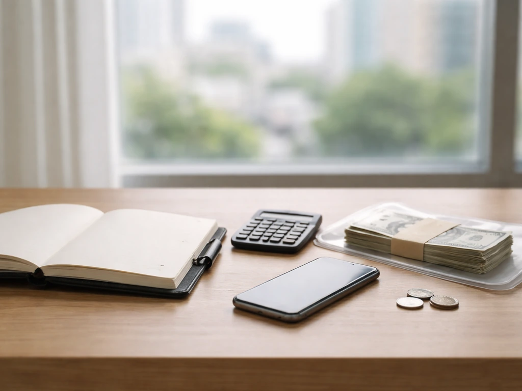 Minimal desk scene with calculator and cash, symbolizing an estimated net-worth range for April 2026.
