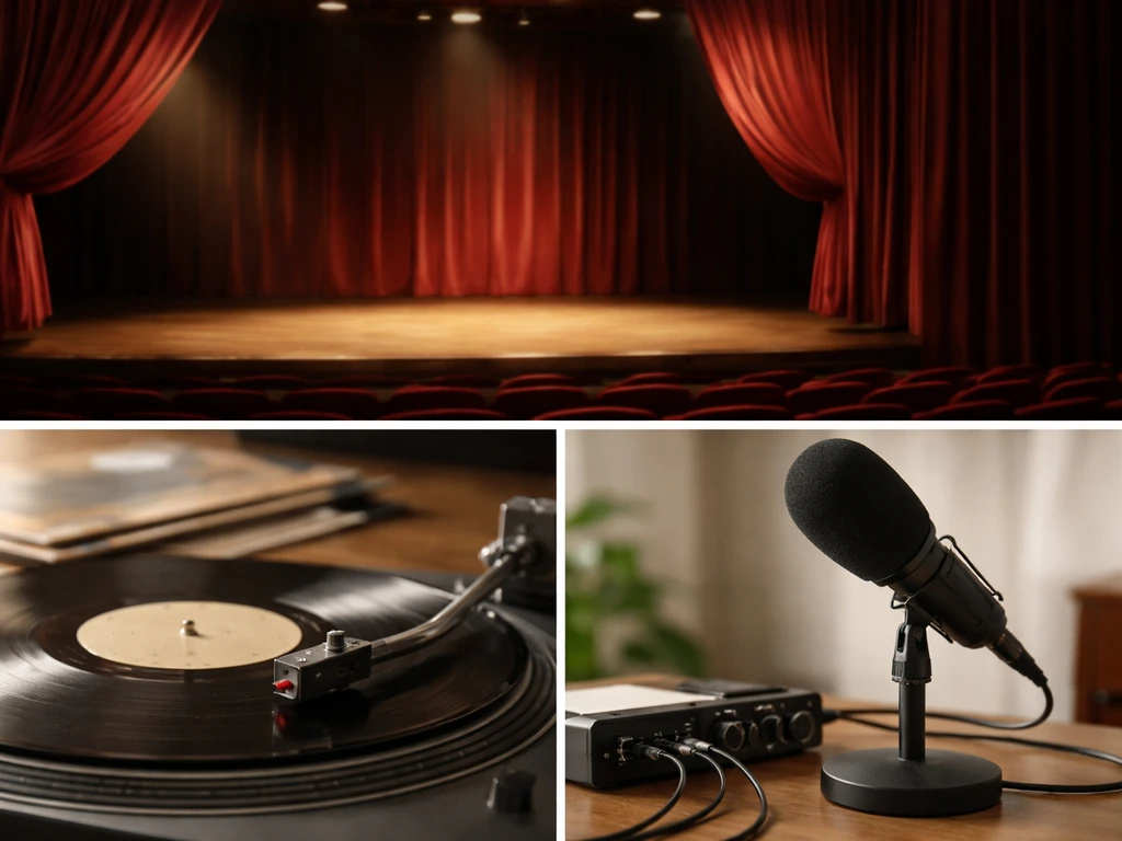 Minimal collage of a theater stage, a vinyl record, and a podcast microphone stand, symbolizing performance and music in
