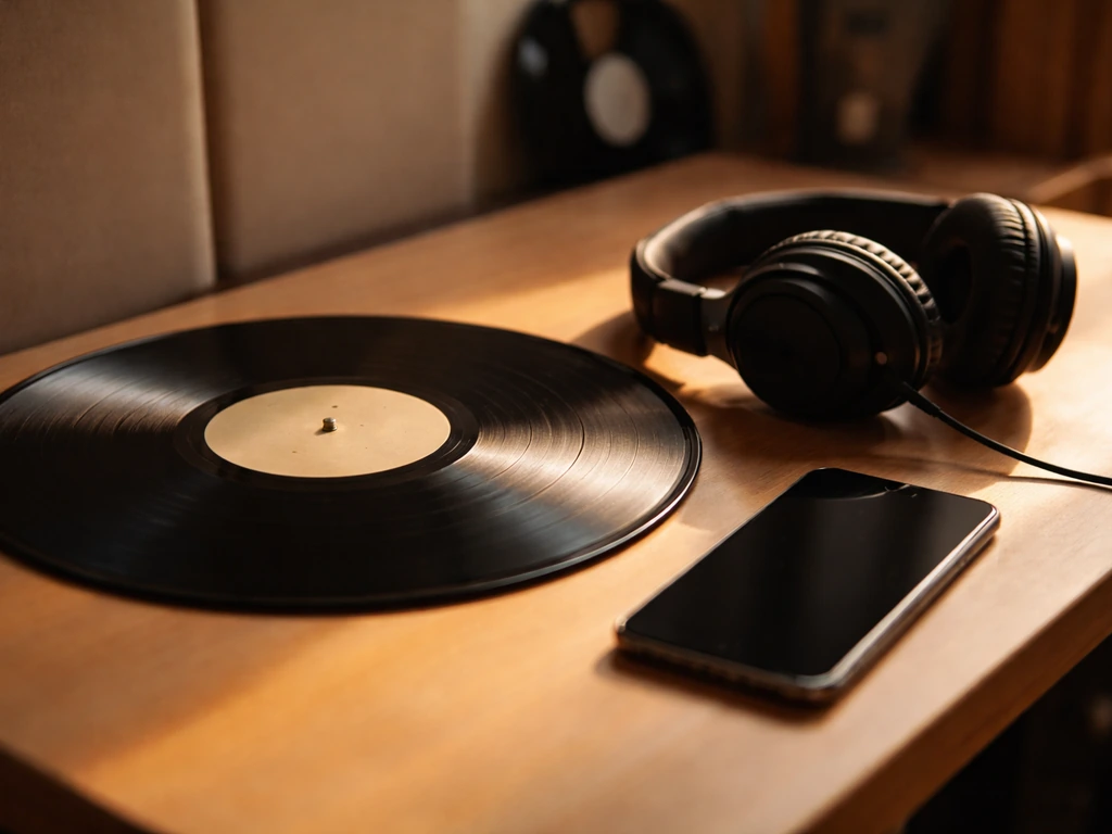 Vinyl record and a smartphone beside studio headphones in warm light, suggesting music releases and royalties