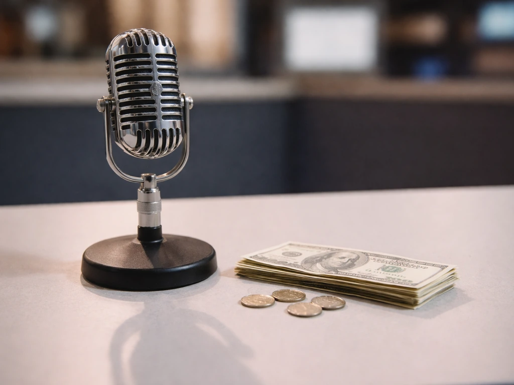 Minimal photo of a studio desk with a microphone and scattered coins, symbolizing TV media income