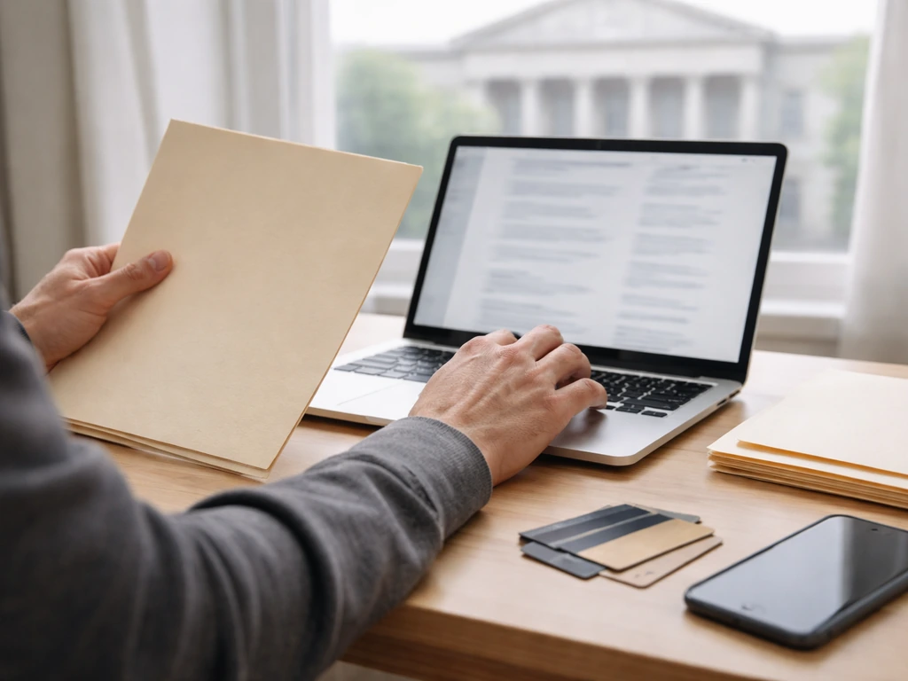 Person reviewing a laptop with spreadsheets beside a city courthouse file folder and credit cards, no text.
