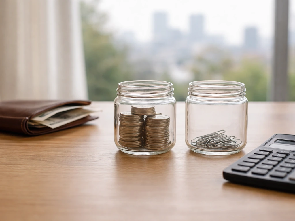 Minimal photo of an office desk with a wallet, calculator, and blurred city skyline symbolizing assets vs liabilities.