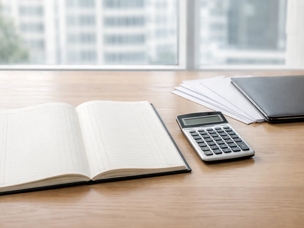 Minimal desk scene with an open ledger, calculator, and blank documents suggesting company equity accounts.