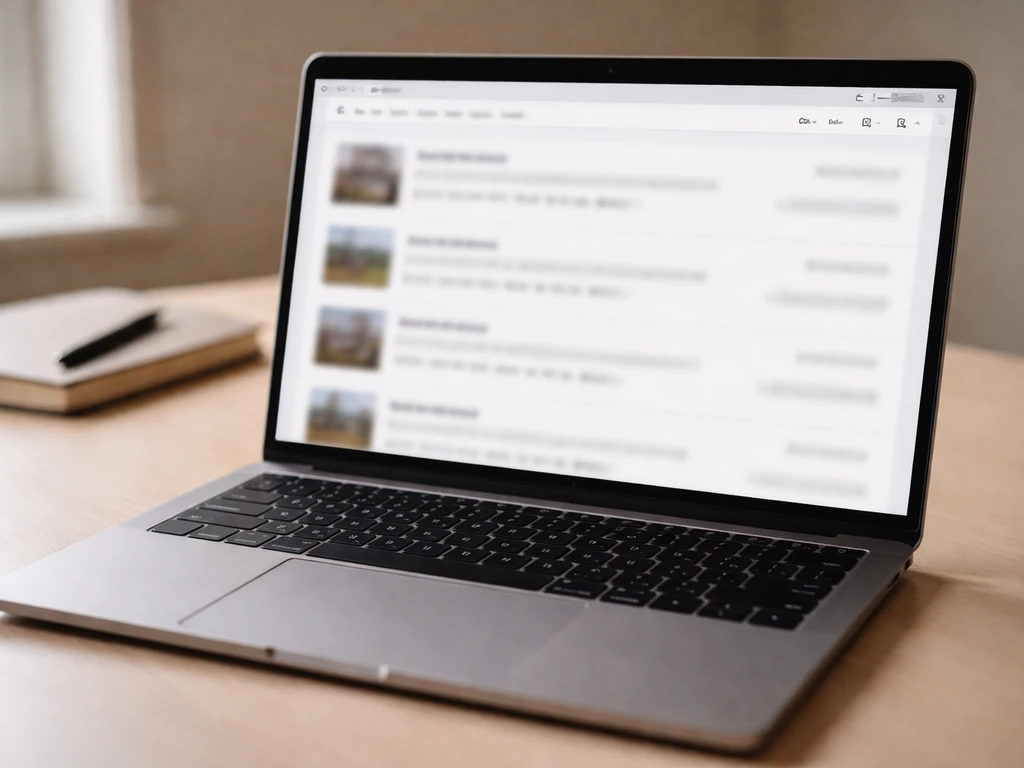 Close-up of a laptop showing blurred UK property search results and address listings, no readable text.