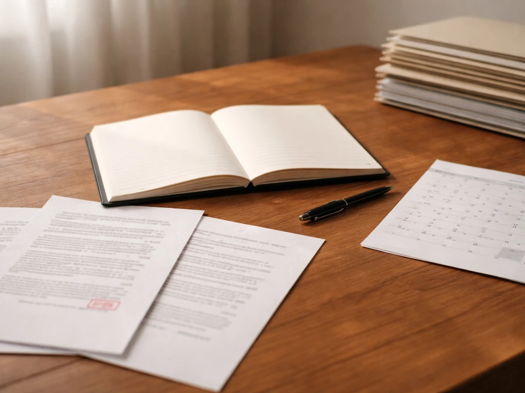 Minimal desk scene with an open notebook, stamped documents, and a small calendar page suggesting a timeline