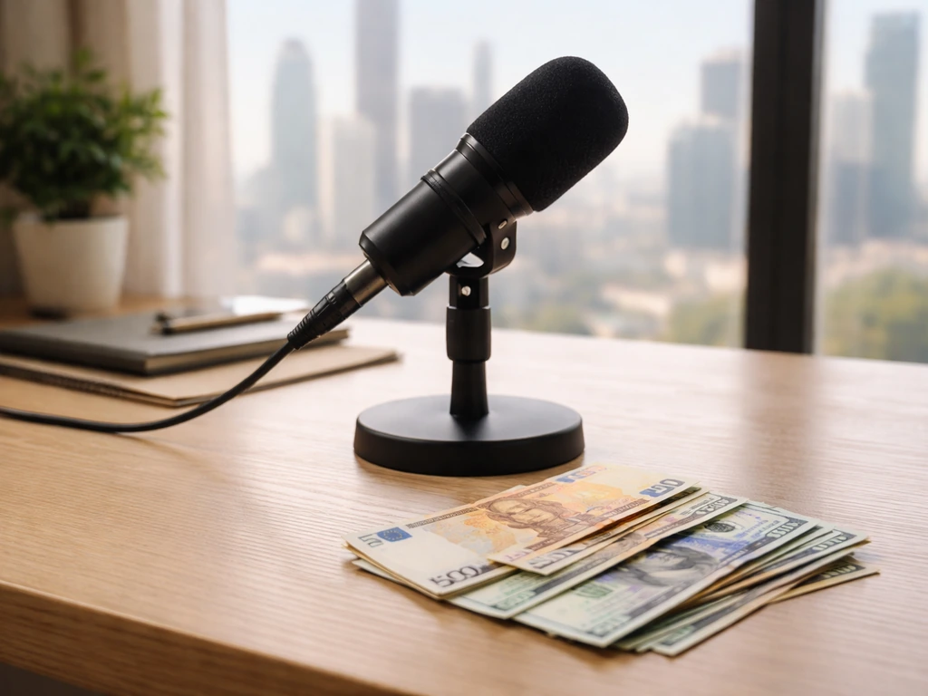 Minimal home office scene with a microphone and scattered banknotes beside a blurred city window.