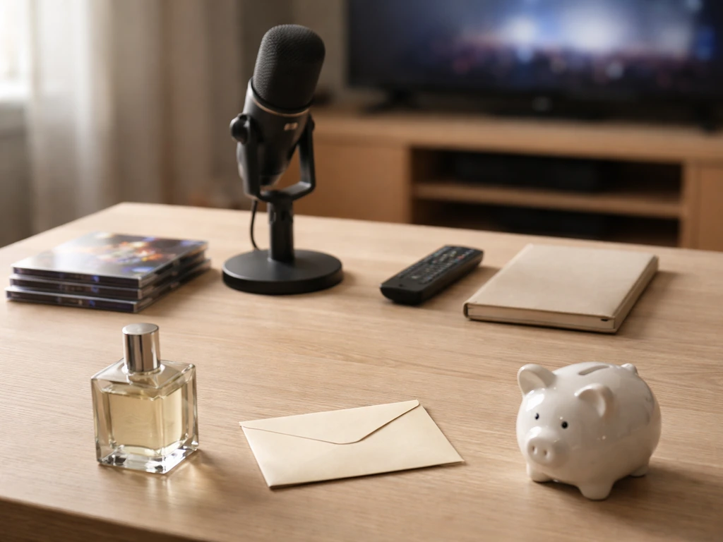Minimal desk scene with microphone, TV remote, and four separate objects symbolizing income sources.