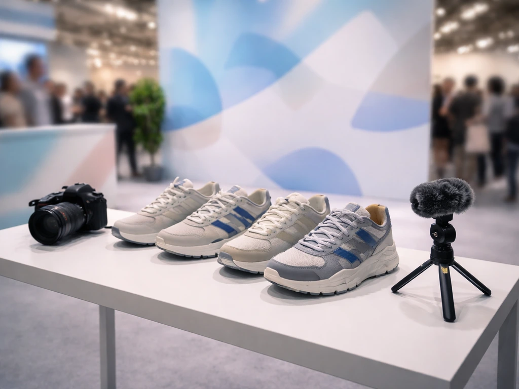 Anonymous brand-launch setup with sneakers, studio microphone, and camera gear at a media event.
