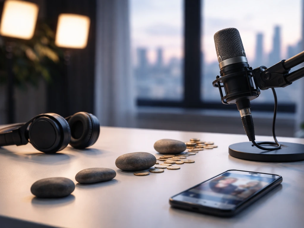 Media studio desk with microphone, blurred phone video, and coins/stones suggesting a career wealth progression