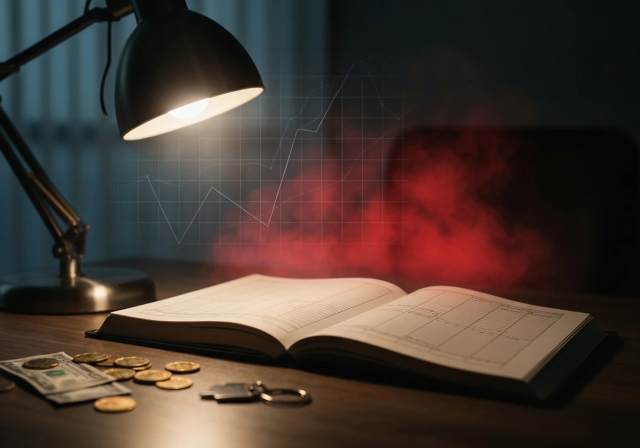 Cinematic close-up of a glowing money valuation scene with scattered assets and a shadowy risk overlay