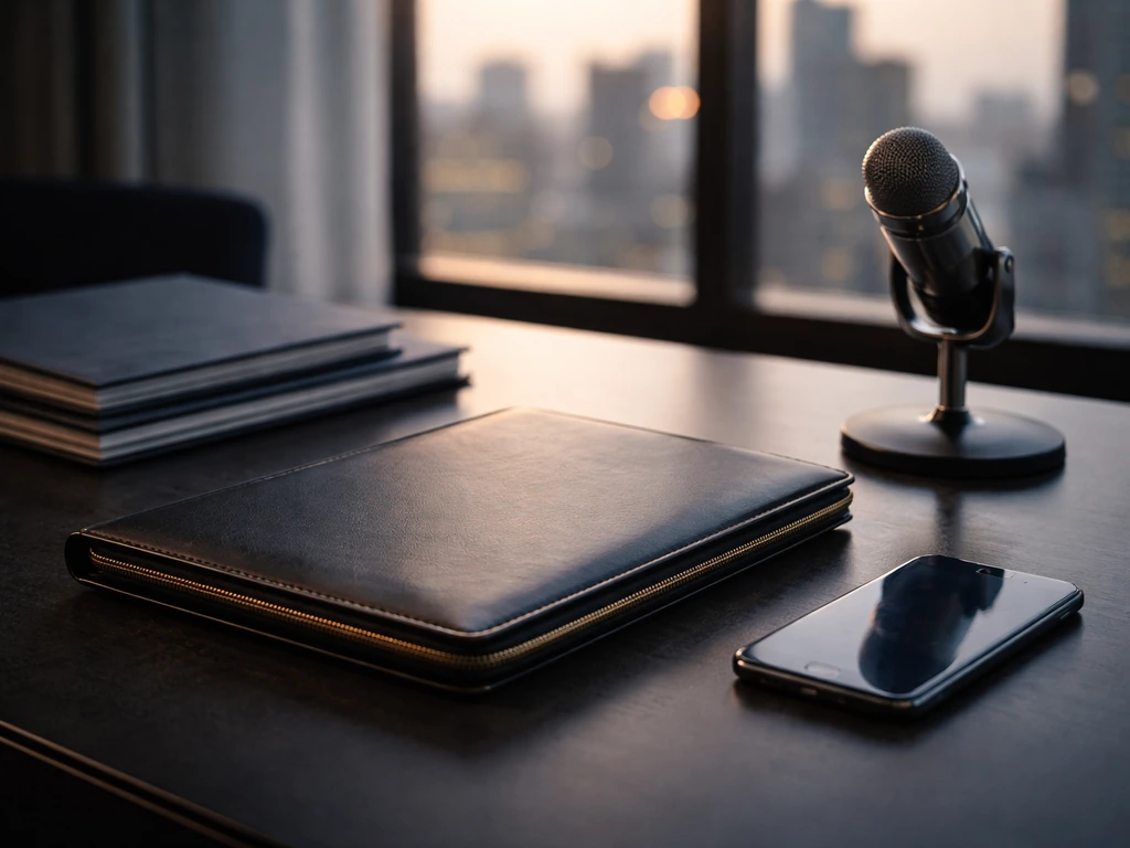 Minimal office desk scene with finance documents and a muted city skyline through a window.